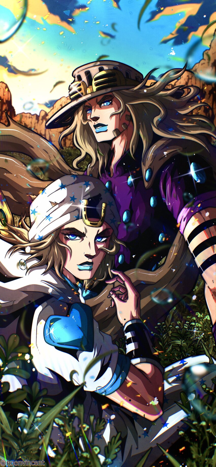 2boys absurdres beanie beard blonde_hair blue_eyes blue_lips blue_pants brown_cape cape cowboy_hat facial_hair goggles goggles_on_headwear grass gyro_zeppeli hat highres hood hoodie horse_print horseshoe_hat_ornament horseshoe_ornament johnny_joestar jojo_no_kimyou_na_bouken long_hair mountain multiple_boys noonvincent pants purple_shirt shirt short_sleeves star_(symbol) steel_ball_run two-tone_wristband white_hat white_hoodie