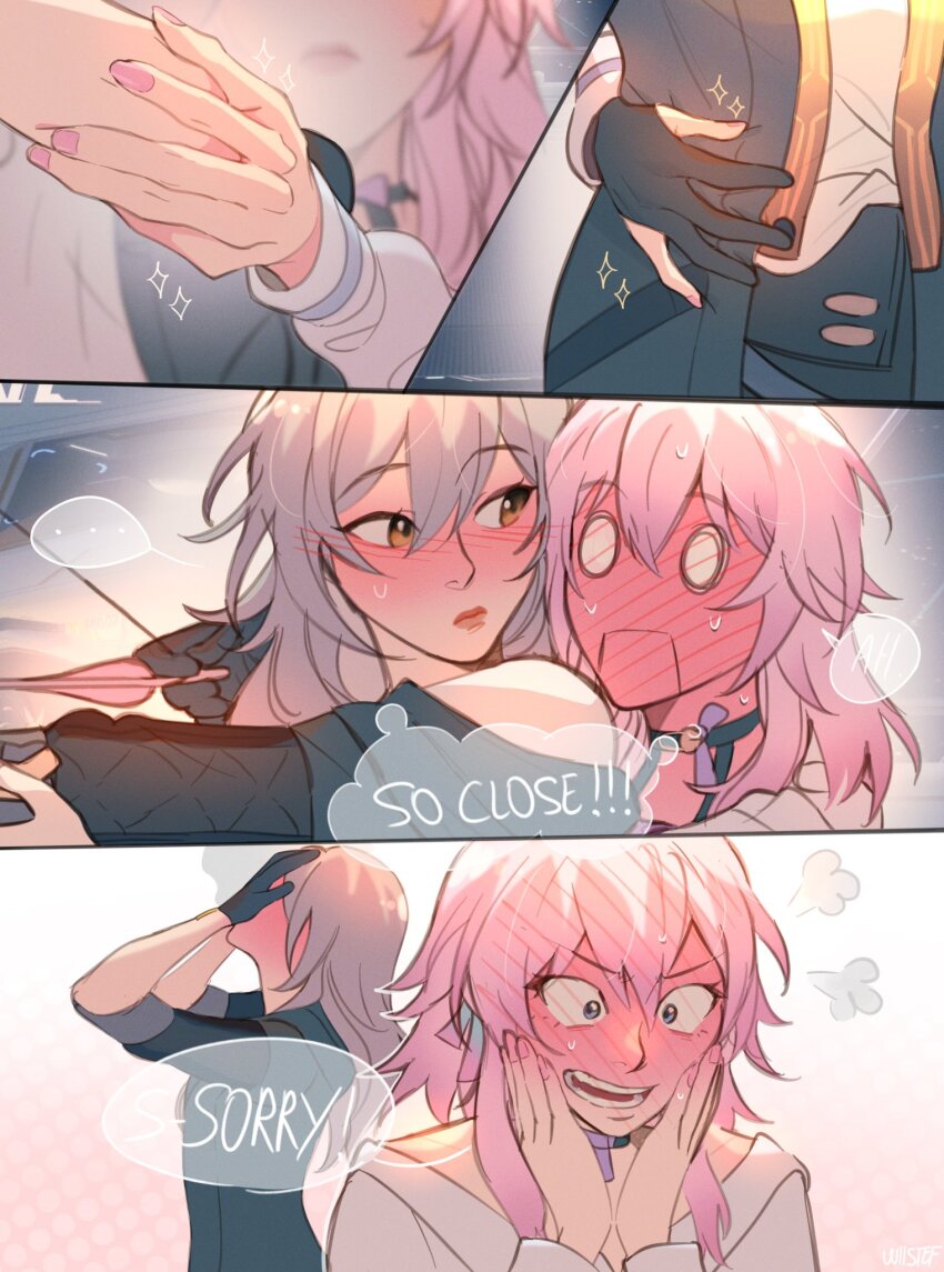 2girls arrow_(projectile) blush bow_(weapon) drawing_bow full-face_blush gloves highres holding holding_bow_(weapon) holding_weapon honkai:_star_rail honkai_(series) honkai_impact_3rd march_7th_(honkai:_star_rail) march_7th_(preservation)_(honkai:_star_rail) multiple_girls parted_lips pink_hair shared_thought_bubble single_glove speech_bubble stelle_(honkai:_star_rail) teeth thought_bubble trailblazer_(honkai:_star_rail) weapon wiistef yuri