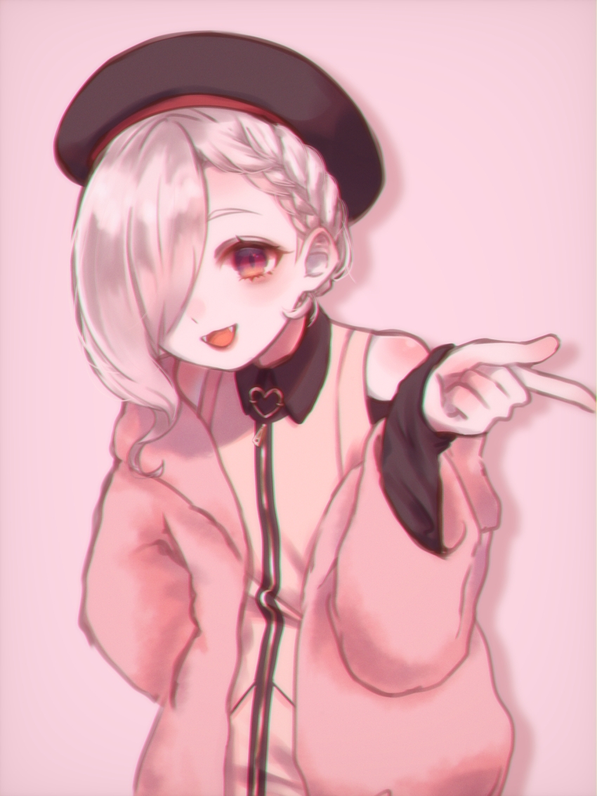 1girl beret black_hat blonde_hair braid fangs hair_over_one_eye hat highres index_finger_raised jacket looking_at_viewer mi_oxo_9m open_mouth pink_background pink_jacket red_eyes simple_background sleeves_past_wrists slit_pupils solo veuve_elizabeth visual_prison