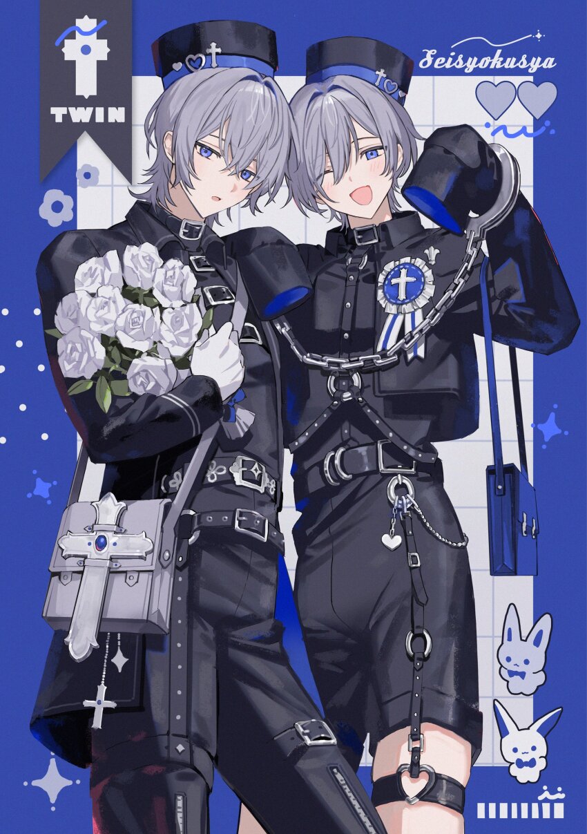 2boys absurdres bag belt belt_collar black_belt black_hat black_jacket black_pants black_shirt black_shorts blue_border blue_eyes blush border chain checkered_background collar commentary_request cowboy_shot cross_hat_ornament cuffs english_text flower gloves grey_hair hair_between_eyes hand_on_another&#039;s_shoulder handbag handcuffs hat hat_ornament heart heart_hat_ornament highres holding holding_flower jacket looking_at_viewer male_focus multiple_belts multiple_boys nana_tetra one_eye_closed open_clothes open_jacket open_mouth original pants rose shirt short_hair shorts skindentation smile thigh_strap very_long_sleeves white_background white_flower white_gloves white_rose zipper