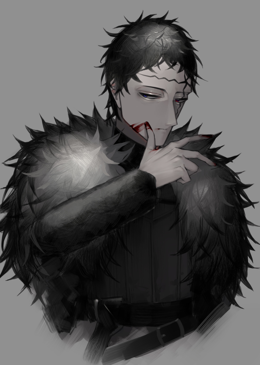 1boy absurdres belt belt_buckle black_clover black_hair black_shirt blood blood_in_mouth blood_on_face blood_on_hands blue_eyes buckle chest_strap coat cuirass expressionless facial_mark frit_2 fur_coat fur_collar grey_background heterochromia high_collar highres male_focus o-ring red_eyes shirt short_hair simple_background solo tunic zenon_zogratis