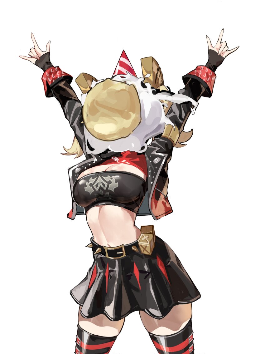 1girl \m/ absurdres arms_up birthday black_jacket black_skirt black_thighhighs black_tube_top blonde_hair breasts burnice_white cleavage commentary cowboy_shot crop_top cropped_jacket english_commentary hair_ornament hat high-waist_skirt highres in_the_face jacket large_breasts letter_hair_ornament long_sleeves medium_hair navel party_hat pie_in_face pleated_skirt ppangchil red_hat simple_background skirt solo spiked_belt star_(symbol) stomach strapless thighhighs tube_top twintails white_background zenless_zone_zero zettai_ryouiki