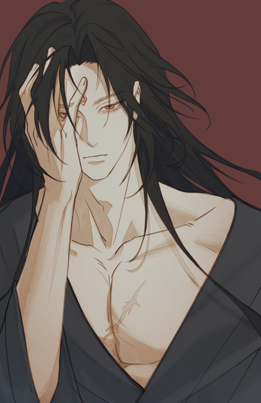 1boy black_hair black_hanfu chinese_clothes closed_mouth collarbone facial_mark forehead_mark hand_in_own_hair hand_on_own_face hanfu highres korean_commentary long_hair long_sleeves looking_at_viewer luo_binghe male_focus nonji_(nonxgg) pectoral_cleavage pectorals red_background red_eyes renzha_fanpai_zijiu_xitong scar scar_on_chest simple_background smile solo upper_body wide_sleeves zuiyin