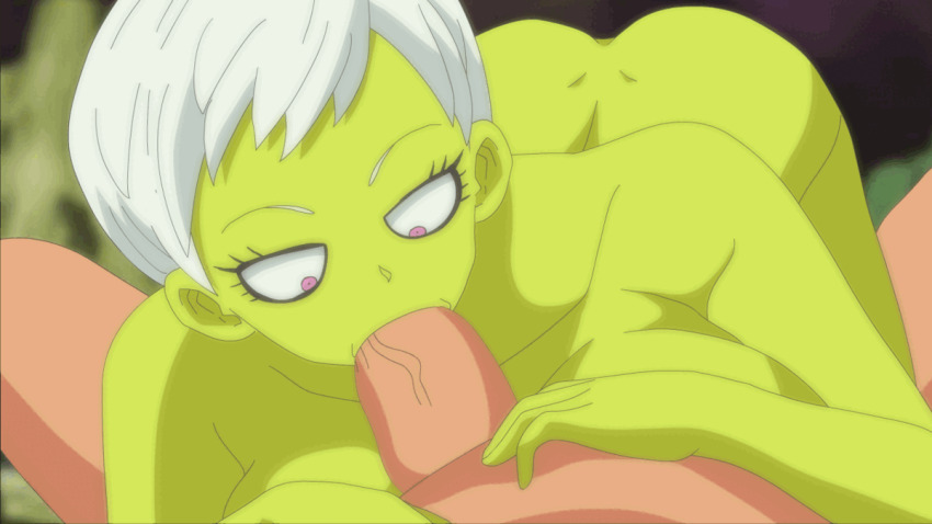 1boy 1girl animated animated_gif ass breast_press breasts cheelai colored_skin completely_nude dragon_ball dragon_ball_super erection fellatio green_skin hetero large_breasts lying_on_person nude oral penis riffsandskulls short_hair veins veiny_penis