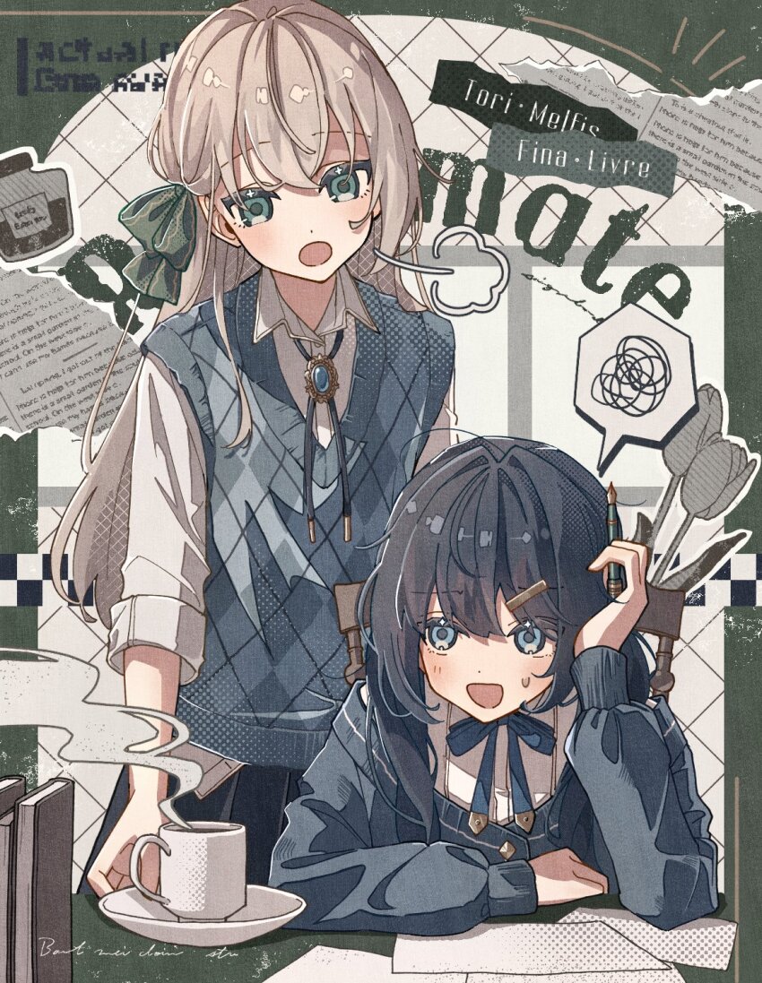 2girls black_hair blue_gemstone blush book bow bowtie collared_shirt cup eyelashes flower gem green_eyes haimiya_neno hair_between_eyes hair_bow hair_ornament highres holding holding_pen long_hair long_sleeves looking_at_another multiple_girls nib_pen_(object) open_mouth original paper pen plate pleated_skirt screentones shirt sidelocks sigh sitting skirt sleeve_rolled_up speech_bubble steam sweater_vest teacup tulip white_shirt