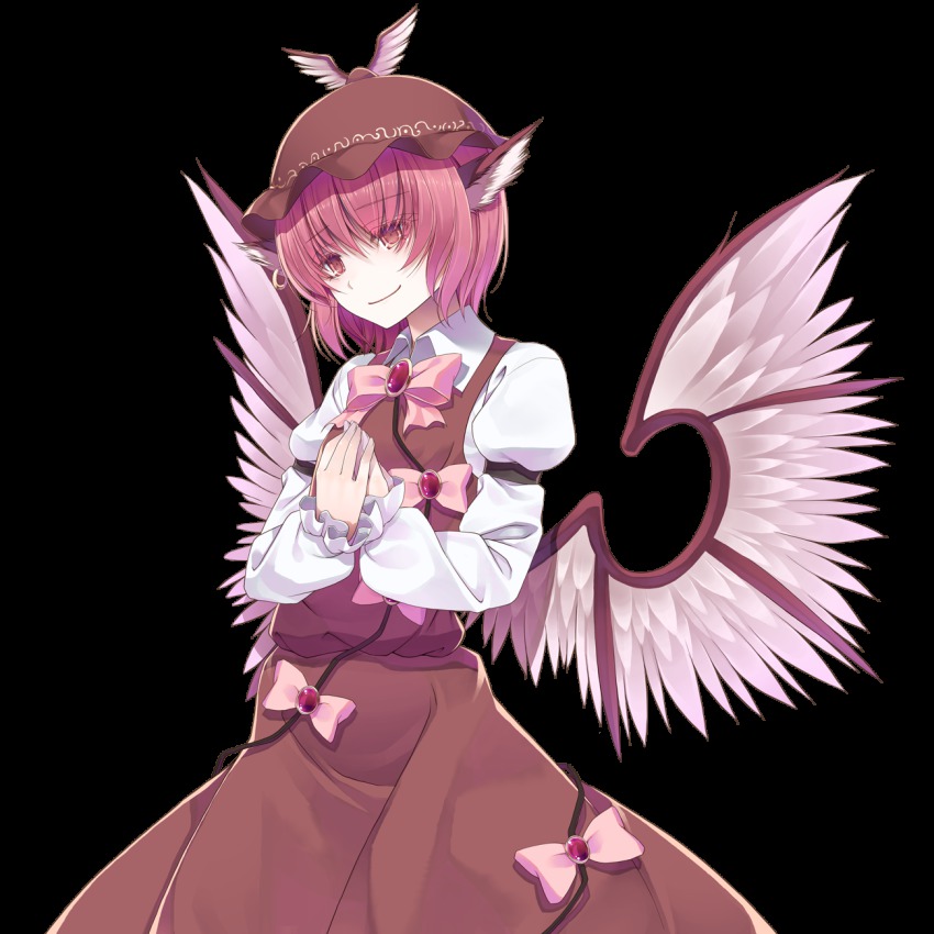 1girl animal_ears blush crote dress female_focus hands_on_own_chest hat highres mystia_lorelei own_hands_together pink_hair red_eyes short_hair simple_background smile solo touhou transparent_background white_background wings