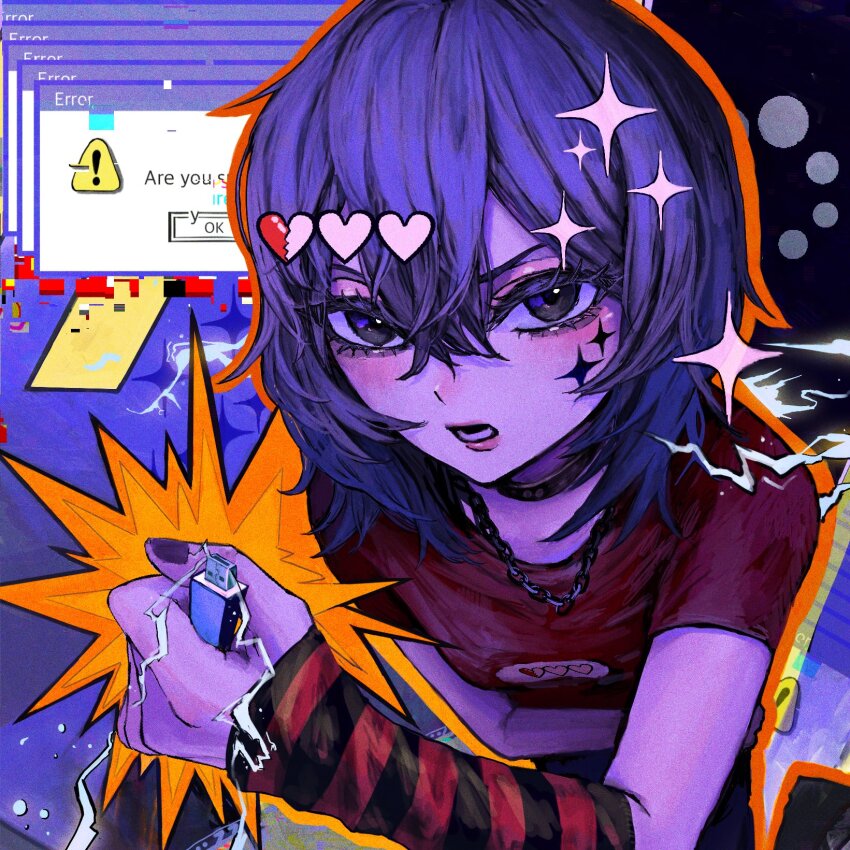 1girl black_choker black_pants black_shoes blush breasts chain chain_necklace choker close-up cowboy_shot detached_sleeves electricity english_text error_message eyelashes facial_mark from_above hair_between_eyes hand_on_own_hip heart highres holding jewelry looking_at_viewer lower_teeth_only lui_n24 medium_hair necklace open_mouth original pants print_shirt purple_eyes purple_hair purple_nails red_shirt shirt shoes short_sleeves single_sleeve small_breasts solo sparkle sparkling_aura star_(symbol) star_facial_mark striped_sleeves teeth user_interface