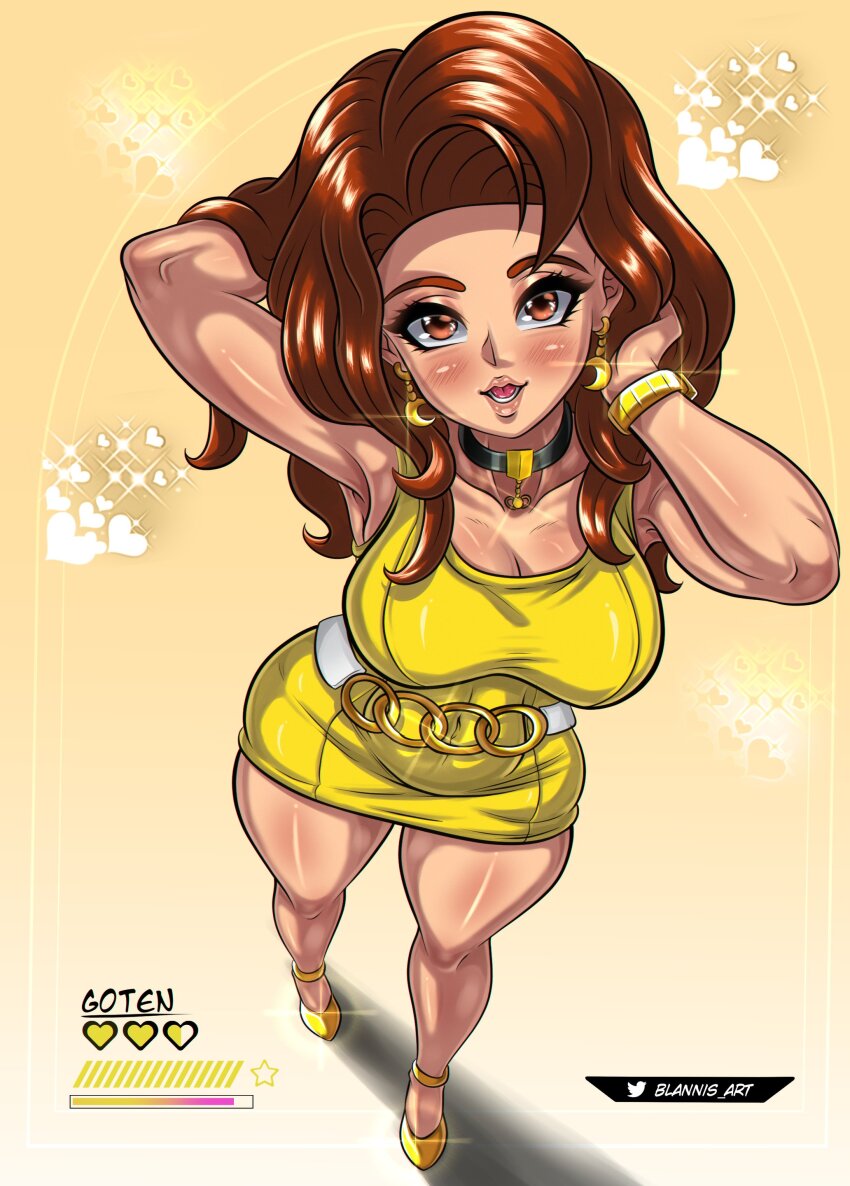 1girl absurdres adjusting_clothes anklet arms_up artist_name black_choker blannis blush breasts brown_eyes brown_hair choker cleavage dragon_ball dragon_ball_gt dress earrings eyebrows eyelashes female_focus from_above full_body gradient_background high_heels highres jewelry large_breasts lips long_hair looking_at_viewer looking_up lower_teeth_only matching_hair/eyes open_mouth palace_(dragon_ball) simple_background sleeveless sleeveless_dress solo standing teeth yellow_background yellow_dress yellow_footwear