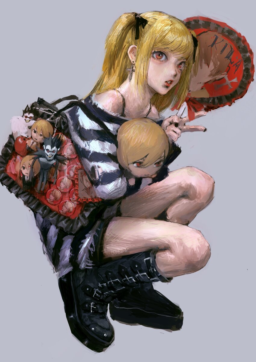 1girl absurdres amane_misa apple black_footwear blonde_hair boots character_doll charm_(object) cross cross_earrings death_note earrings food fruit full_body goth_fashion grey_background hatena_(nazequestion) highres jewelry lipstick makeup otaku pin red_eyes ryuk simple_background stuffed_toy yagami_light