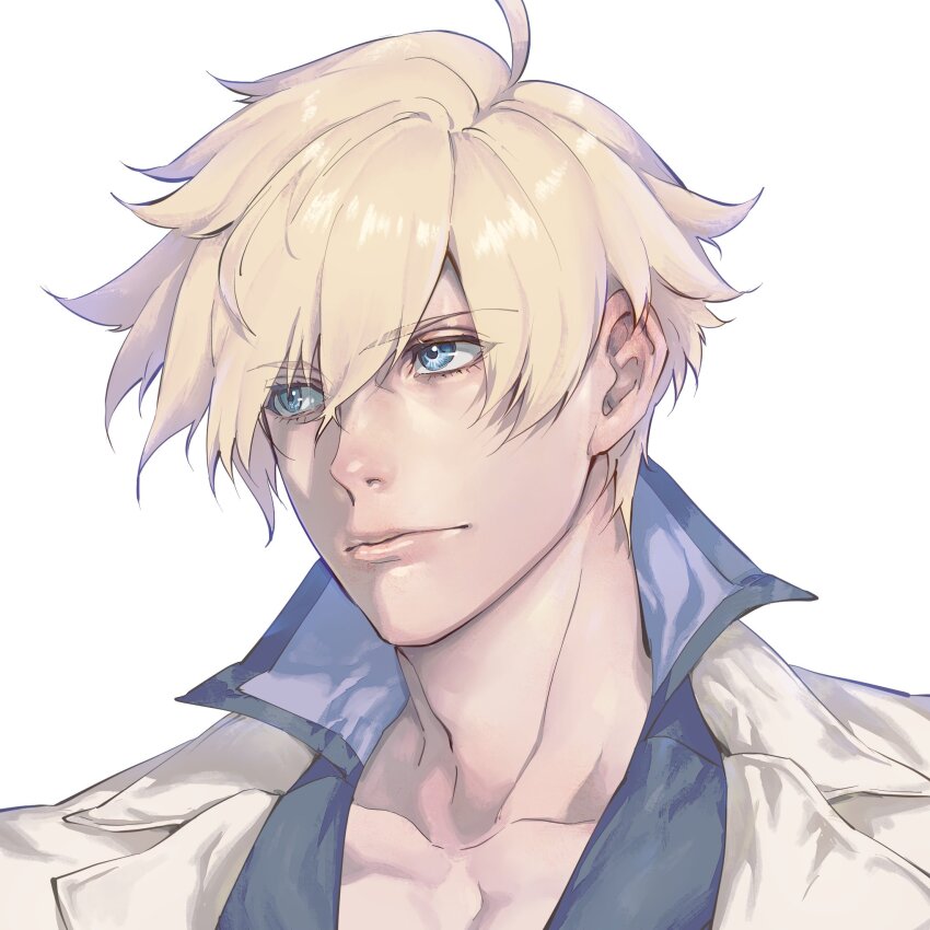 1boy blonde_hair blue_eyes closed_mouth collarbone collared_coat commentary_request guilty_gear guilty_gear_strive hair_between_eyes highres kin_mokusei lapels looking_to_the_side male_focus multicolored_clothes open_collar short_hair simple_background solo upper_body white_background