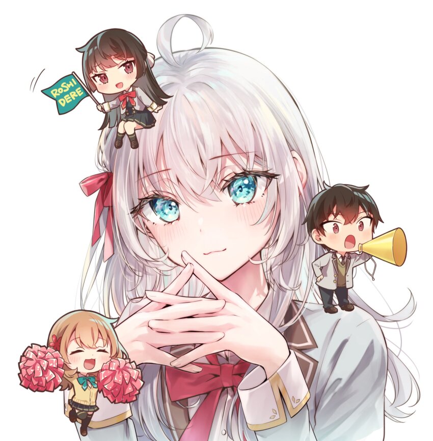 1boy 3girls :3 ahoge alisa_mikhailovna_kujou aqua_bow aqua_bowtie arms_up black_hair black_necktie black_pants black_skirt black_socks black_thighhighs blazer blue_eyes bow bowtie brother_and_sister brown_hair brown_shoes buttons chibi chibi_on_head chibi_on_shoulder closed_eyes commentary_request copyright_name double-breasted excited eyes_visible_through_hair flag flower grey_jacket hair_between_eyes hair_flower hair_ornament hair_ribbon hand_on_own_hip hand_rest hands_up highres holding holding_flag holding_pom_poms interlocked_fingers jacket kuze_masachika lapels long_hair looking_at_viewer mariya_mikhailovna_kujou multiple_girls necktie notched_lapels official_art on_head open_clothes open_jacket open_mouth pants pleated_skirt pom_pom_(cheerleading) pom_poms raised_eyebrows red_bow red_bowtie red_pom_poms red_ribbon ribbon school_uniform seiren_academy_school_uniform shoes short_hair siblings simple_background sisters sitting skirt smile socks solo_focus standing standing_on_one_leg suou_yuki sweater tenacitysaho thighhighs tokidoki_bosotto_roshia-go_de_dereru_tonari_no_alya-san variant_set waving_flag white_background white_hair