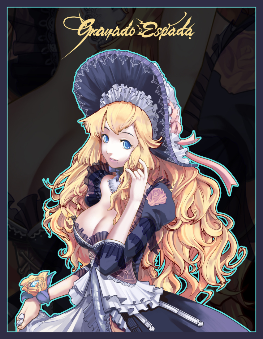 1girl absurdres blonde_hair blue_eyes breasts cleavage dress female_focus granado_espada hat highres large_breasts long_hair mole solo ukero warlock_(granado_espada)