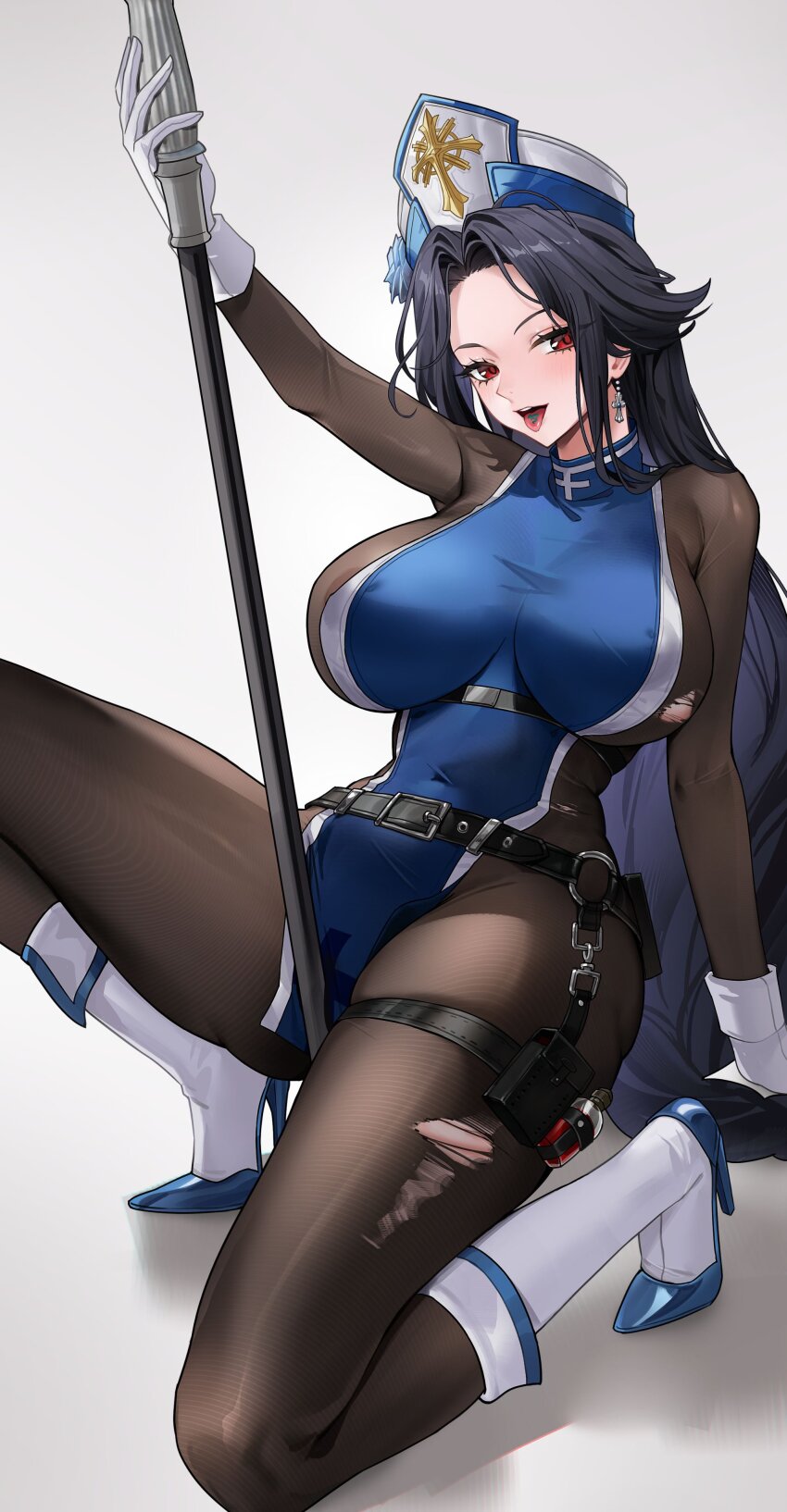 1girl absurdres arm_support belt black_belt black_hair bodystocking boots braid braided_ponytail breasts covered_collarbone covered_erect_nipples covered_navel cross cross_earrings earrings floating_earring gloves goddess_of_victory:_nikke grey_background hat head_out_of_frame high_heel_boots high_heels highres holding holding_mace holding_staff holding_weapon ice_flower inverted_nipples jewelry knee_boots large_breasts long_hair looking_at_viewer mace maiden_(ice_rose)_(nikke) maiden_(nikke) mitre navel nipples official_alternate_costume open_mouth out_of_frame red_eyes see-through_bodystocking see-through_clothes simple_background smile solo staff tongue tongue_mark tongue_out tongue_tattoo torn_bodystocking torn_clothes underbust unfinished weapon white_boots white_gloves zhudouzi