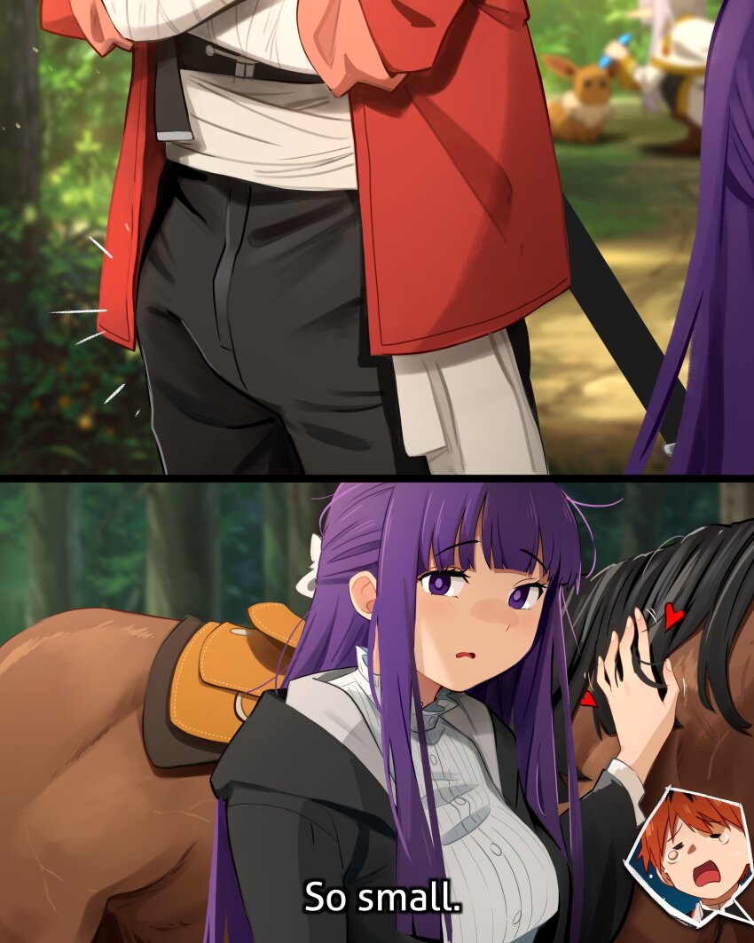 1boy 1girl 2girls animal blurry breasts bulge coat crossed_arms crying disappointed disgust eevee english_text fern_(sousou_no_frieren) frieren gen_1_pokemon horse humiliation humillation khyle. large_breasts long_hair multiple_girls nintendo pants pokemon purple_eyes purple_hair red_hair small_penis small_penis_humiliation sousou_no_frieren speech_bubble squatting stark_(sousou_no_frieren) tree veins x-ray_vision