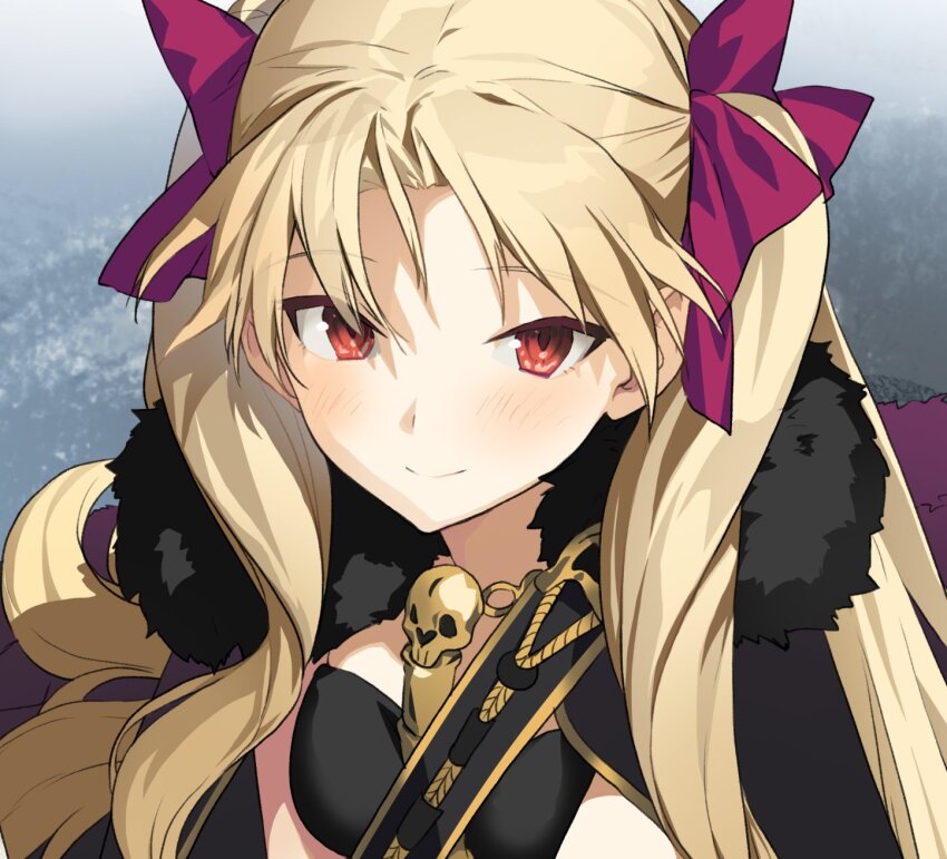 1girl akinashi_yuu black_cape blonde_hair breasts cape commentary_request ereshkigal_(fate) fate/grand_order fate_(series) fur-trimmed_cape fur_trim highres looking_at_viewer portrait red_eyes skull small_breasts smile solo two_side_up