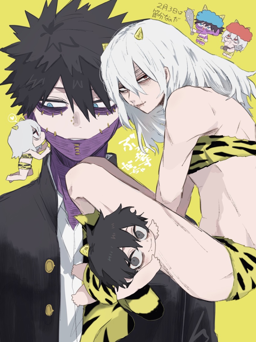 2boys aged_down ametaro_(ixxxzu) animal_print bikini black_hair blue_eyes boku_no_hero_academia boots burn_scar cheek_piercing chibi chibi_inset club club_(weapon) cone_horns cosplay dabi_(boku_no_hero_academia) face_piercing fur_bikini highres holding holding_club holding_weapon horns lum lum_(cosplay) male_focus medium_hair moroboshi_ataru moroboshi_ataru_(cosplay) multiple_boys multiple_piercings multiple_scars nose_piercing oni oni_costume piercing print_bikini print_footwear red_eyes scar scar_on_face scar_on_mouth scar_on_neck school_uniform shigaraki_tomura simple_background spiked_club spiked_hair staple stapled stitches strapless strapless_bikini swimsuit ten_(urusei_yatsura) ten_(urusei_yatsura)_(cosplay) tiger_print translation_request weapon white_hair wrinkled_skin yellow_background yellow_bikini yellow_boots