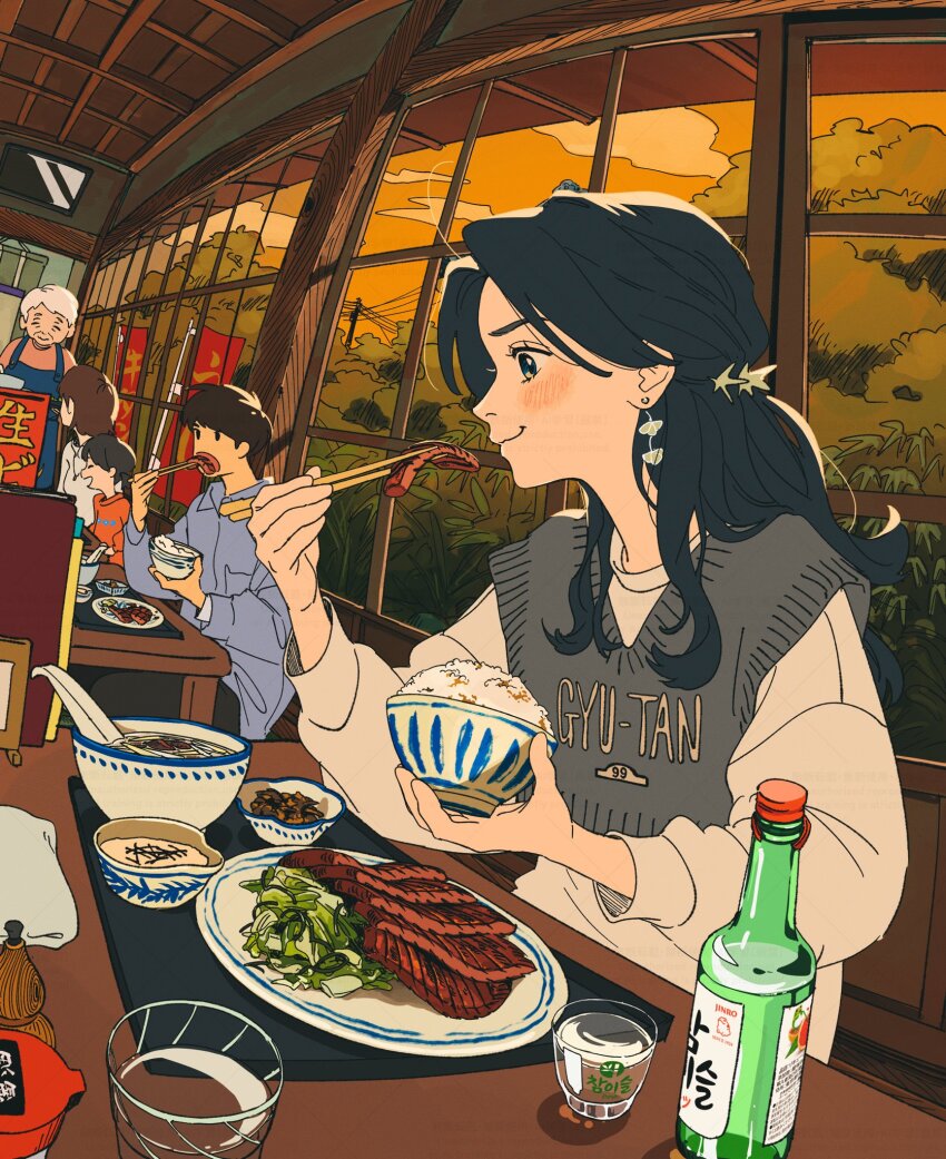 2boys 3girls all_nobori architecture black_hair blush bowl child chopsticks closed_mouth clothes_writing cup drinking_glass earrings east_asian_architecture eating food hand_up highres holding holding_bowl holding_chopsticks holding_with_chopsticks jewelry ladle long_hair long_sleeves meat multiple_boys multiple_girls old old_woman orange_sky original rice_bowl shot_glass sitting sky slice_of_life smile soju sweater table white_sweater