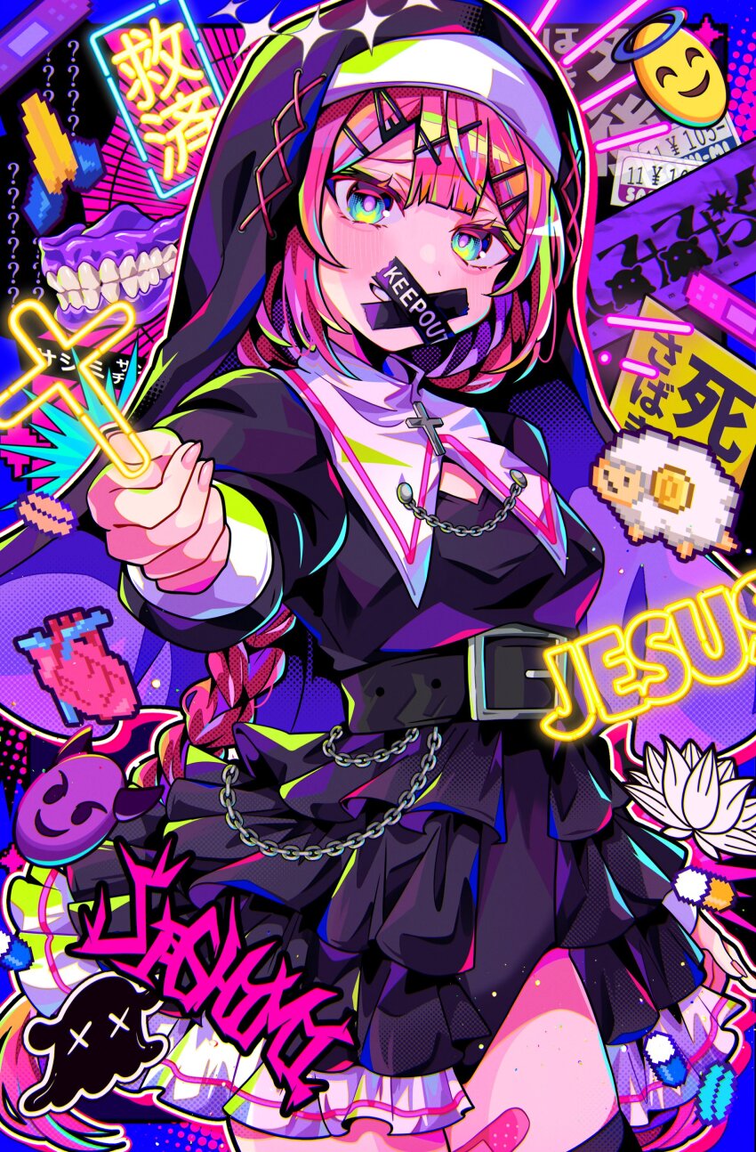 1girl ? absurdres arm_at_side bandaid bandaid_on_leg belt belt_buckle belt_chain black_belt black_dress black_thighhighs blunt_bangs braid braided_ponytail breasts brooch buckle caution_tape collar collar_chain_(jewelry) cowboy_shot cross double-parted_bangs dress emoji gag green_eyes grin hair_ornament hairpin hand_up heart_(organ) highres improvised_gag jewelry keep_out latin_cross long_hair looking_at_viewer medium_breasts neon_lights nun original outstretched_arm pill pink_hair pink_pupils pink_trim pixel_art_inset reaching reaching_towards_viewer short_dress smile ssm_a_u tape tape_gag thighhighs thighs veil white_collar x_hair_ornament