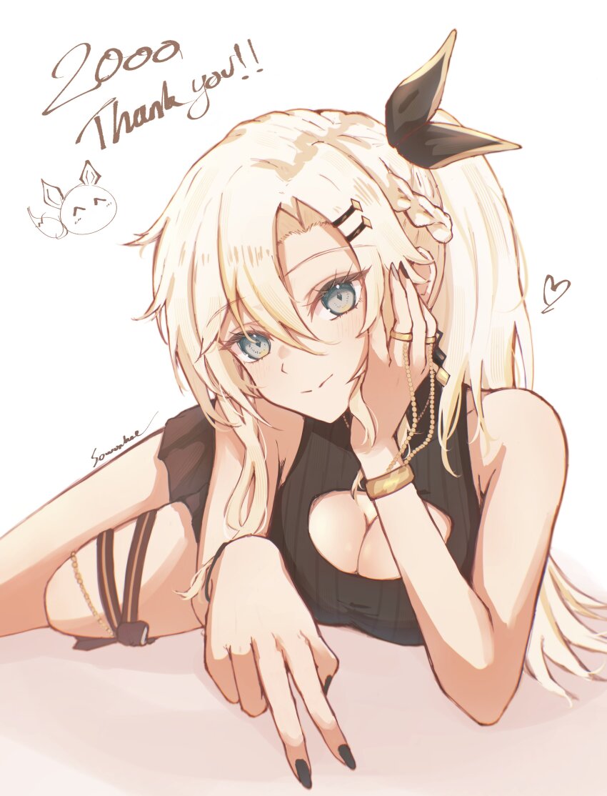 1girl absurdres arm_support artist_name bare_shoulders black_nails black_skirt black_sweater blonde_hair bracelet breasts cleavage cleavage_cutout closed_mouth clothing_cutout commentary diamond-shaped_pupils diamond_(shape) feet_out_of_frame fingernails green_eyes hair_between_eyes hair_ornament hairclip heart highres jewelry light_blush long_fingernails long_hair looking_at_viewer lying milestone_celebration nail_polish on_stomach original parallel_hairclips ring skirt sleeveless sleeveless_sweater solo sowon_(sowonhae) sweater symbol-shaped_pupils thank_you v