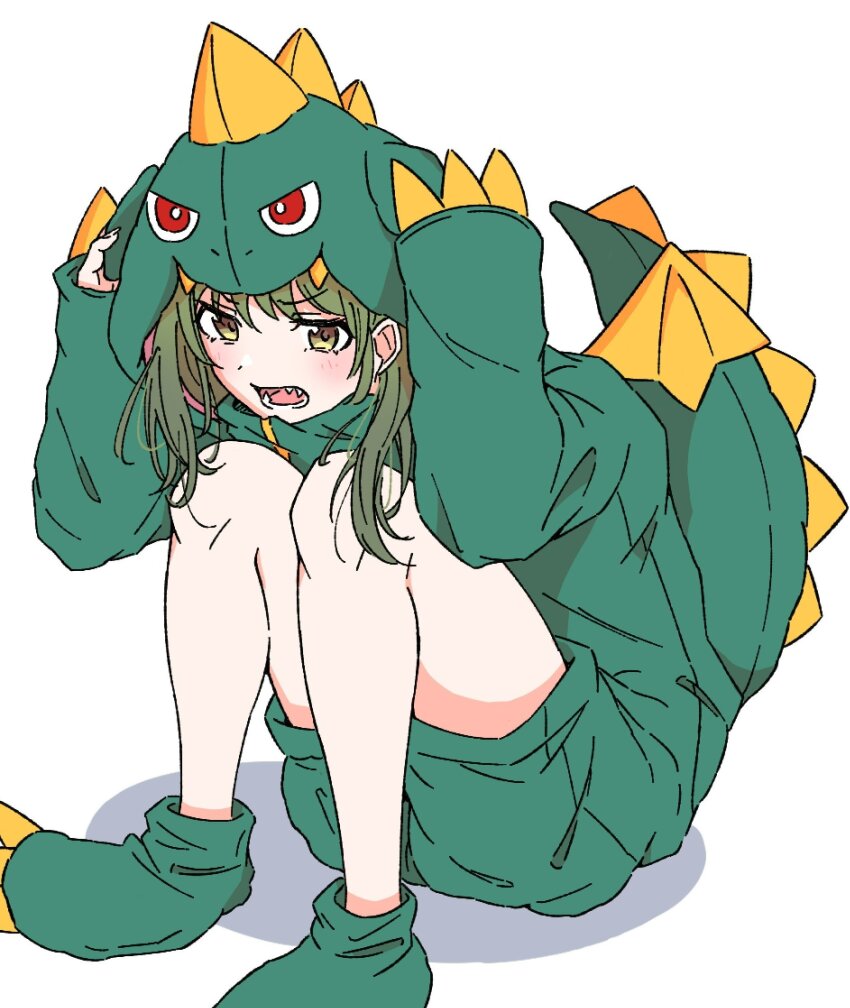 1girl :o animal_costume bare_legs blush dragon_costume dragon_tail dragon_wings fangs full_body green_hair highres hydac idolmaster idolmaster_shiny_colors knees_up long_sleeves medium_hair nanakusa_nichika official_alternate_costume paw_shoes simple_background sitting solo tail v-shaped_eyebrows white_background wings