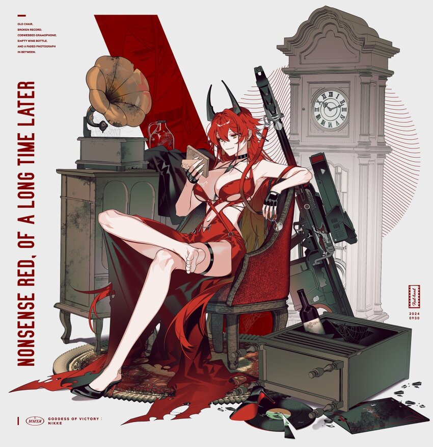 1girl alcohol anti-materiel_rifle barrett_m82a2 breasts bullpup clock dress evening_gown figure_four_sitting goddess_of_victory:_nikke grandfather_clock gun highres horns mechanical_horns mzet phonograph red_dress red_hood_(nikke) red_hood_(nonsense_red)_(nikke) rifle sitting sniper_rifle solo vinyl_record weapon wine