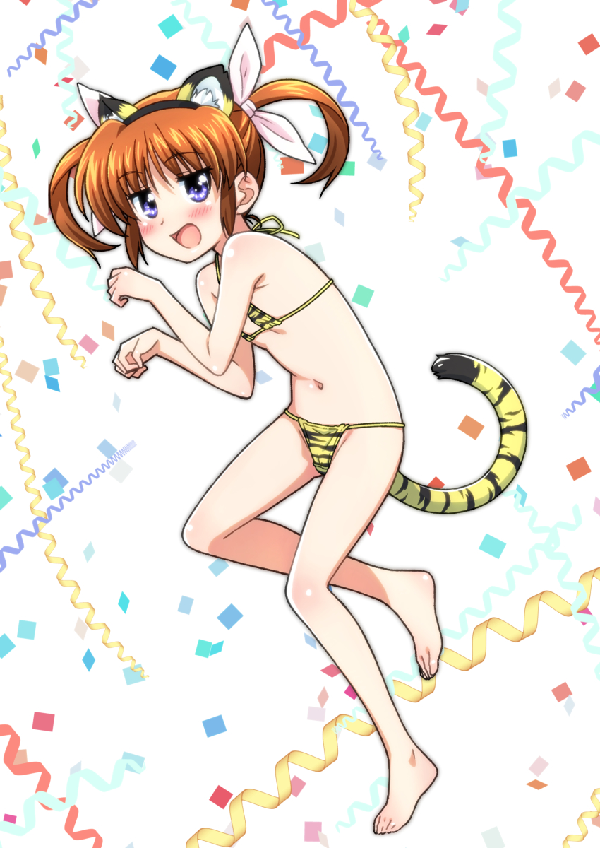 1girl 2022 absurdres animal_ears bikini blue_eyes blush breasts brown_hair chinese_zodiac confetti fake_animal_ears fake_tail hair_ornament hair_ribbon highres looking_at_viewer lyrical_nanoha mahou_shoujo_lyrical_nanoha mahou_shoujo_lyrical_nanoha_a&#039;s micro_bikini miyajima_hitoshi navel open_mouth ribbon shiny_skin short_hair simple_background small_breasts smile solo swimsuit tail takamachi_nanoha tiger_ears tiger_tail twintails white_background year_of_the_tiger