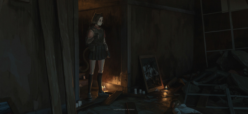 1girl absurdres animal_ears black_gloves black_skirt black_socks blood blood_writing brown_hair candle cat_ears cat_girl cat_tail closed_mouth commentary corpse faiz_azhar fingerless_gloves gloves highres indoors kneehighs load_bearing_vest mirror mirrored_text original pleated_skirt red_shirt rubble shirt shoes short_hair short_sleeves skirt sneakers socks solo tail white_shoes
