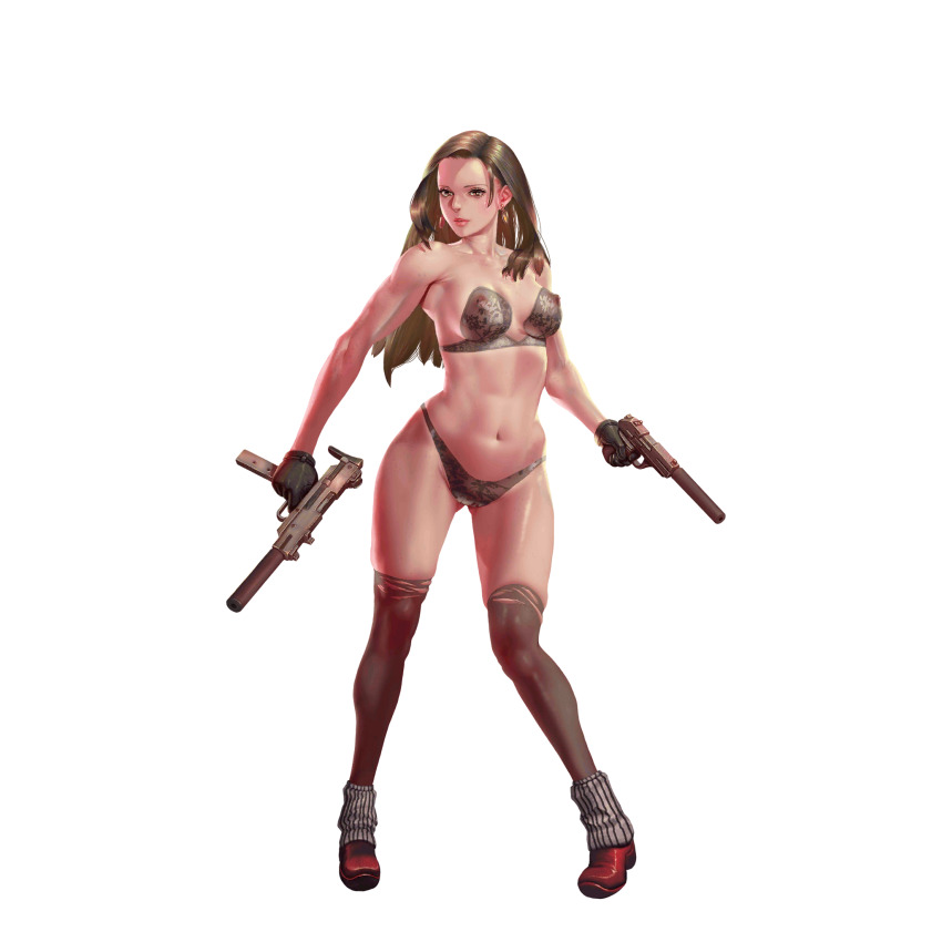 1girl alison_(crystal_maidens) artist_request asymmetrical_dual_wielding bare_arms bare_shoulders black_gloves bra breasts brown_eyes brown_hair covered_erect_nipples crystal_maiden_(series) dual_wielding earrings full_body game_cg gloves groin gun handgun highres holding jewelry navel official_art see-through_bra see-through_clothes solo suppressor transparent_background underwear variant_set weapon
