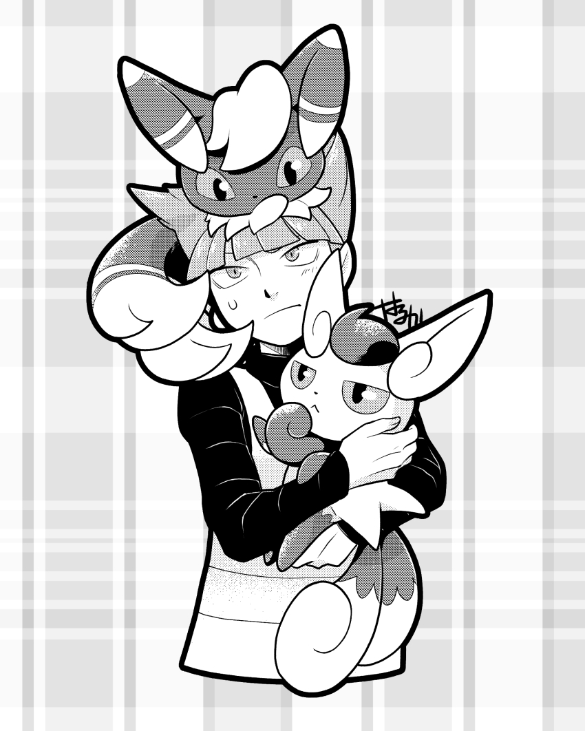 1boy bad_id bad_pixiv_id creatures_(company) game_freak gen_6_pokemon greyscale haruka_painter highres holding holding_pokemon long_sleeves looking_at_another male_focus meowstic meowstic_(female) meowstic_(male) monochrome nintendo on_head plaid_background pokemon pokemon_(creature) pokemon_dppt pokemon_on_head saturn_(pokemon) signature sweat tail team_galactic upper_body