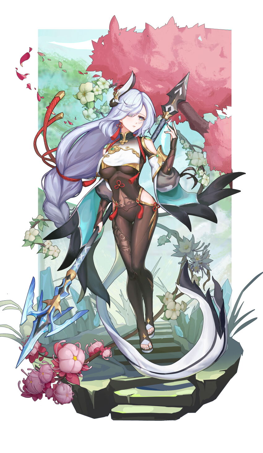 1girl absurdres aqua_nails aqua_toenails arm_at_side artist_request asymmetrical_bangs bare_shoulders black_bodysuit bodysuit bodysuit_under_clothes braid braided_ponytail breast_curtain breasts calamity_queller_(genshin_impact) clenched_hand clothing_cutout collared_bodysuit covered_navel detached_sleeves earrings expressionless eyelashes feet female_focus full_body genshin_impact gloves grey_eyes groin hair_ornament hair_over_one_eye hand_up high_collar high_heel_sandals high_heels highres hip_vent holding holding_behind_back holding_polearm holding_polearm_behind_back holding_weapon holding_weapon_behind_back jewelry large_breasts legs long_hair looking_at_viewer low-braided_long_hair low-tied_long_hair mihoyo nail_polish no_panties outdoors partially_fingerless_gloves platform_footwear polearm puffy_sleeves revealing_clothes sandals see-through_clothes shenhe_(genshin_impact) shoulder_cutout sidelocks single_earring skin_tight stairs tassel tassel_earrings thigh_gap thighs tight_clothes toe_ring toeless_footwear toenail_polish toenails toes very_long_hair weapon white_hair