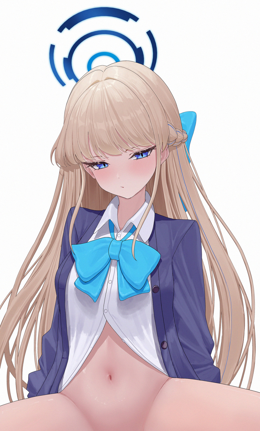 1girl absurdres blonde_hair blue_archive blue_bow blue_cardigan blue_eyes blunt_bangs blush bow cardigan closed_mouth hair_bow highres long_hair looking_at_viewer maji_(majidesu3) navel no_panties no_pants shirt sidelocks solo stomach toki_(blue_archive) toki_(school_uniform)_(blue_archive) white_shirt