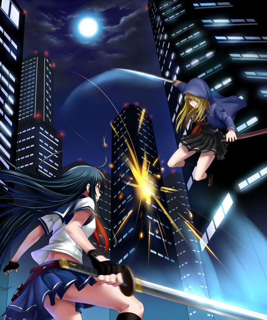 2girls battle black_hair blonde_hair building city fingerless_gloves full_moon gloves highres hood hoodie katana long_hair moon motion_blur multiple_girls night original red_eyes school_uniform serafuku sword weapon windtalker