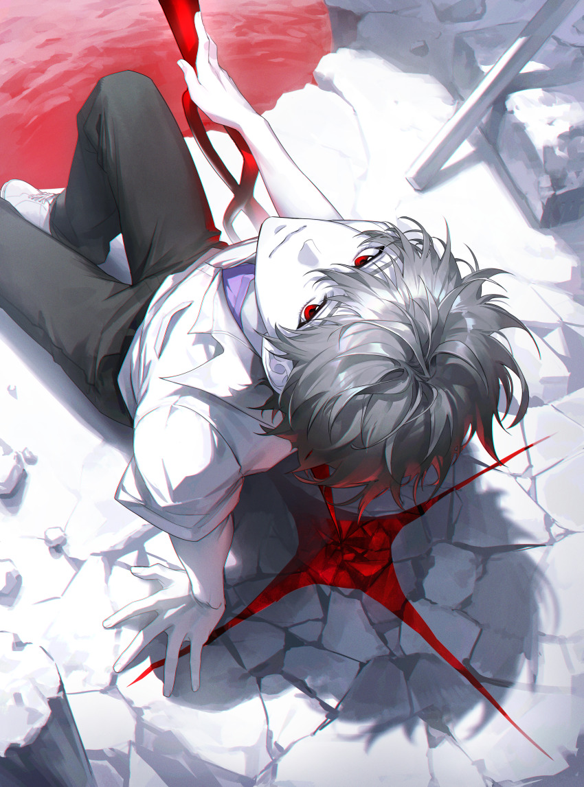 1boy absurdres arm_support belt blood closed_mouth collared_shirt crack cracked_floor dress_shirt foot_out_of_frame from_above from_behind grey_hair grey_pants hand_up highres holding holding_polearm holding_weapon knee_up light_smile looking_at_viewer looking_up male_focus muksal nagisa_kaworu neon_genesis_evangelion on_floor pants partially_colored planted planted_spear polearm pool_of_blood purple_shirt red_eyes rubble school_uniform shadow shirt shoes short_hair short_sleeves sitting sneakers solo spear spear_of_cassius undershirt weapon white_shoes
