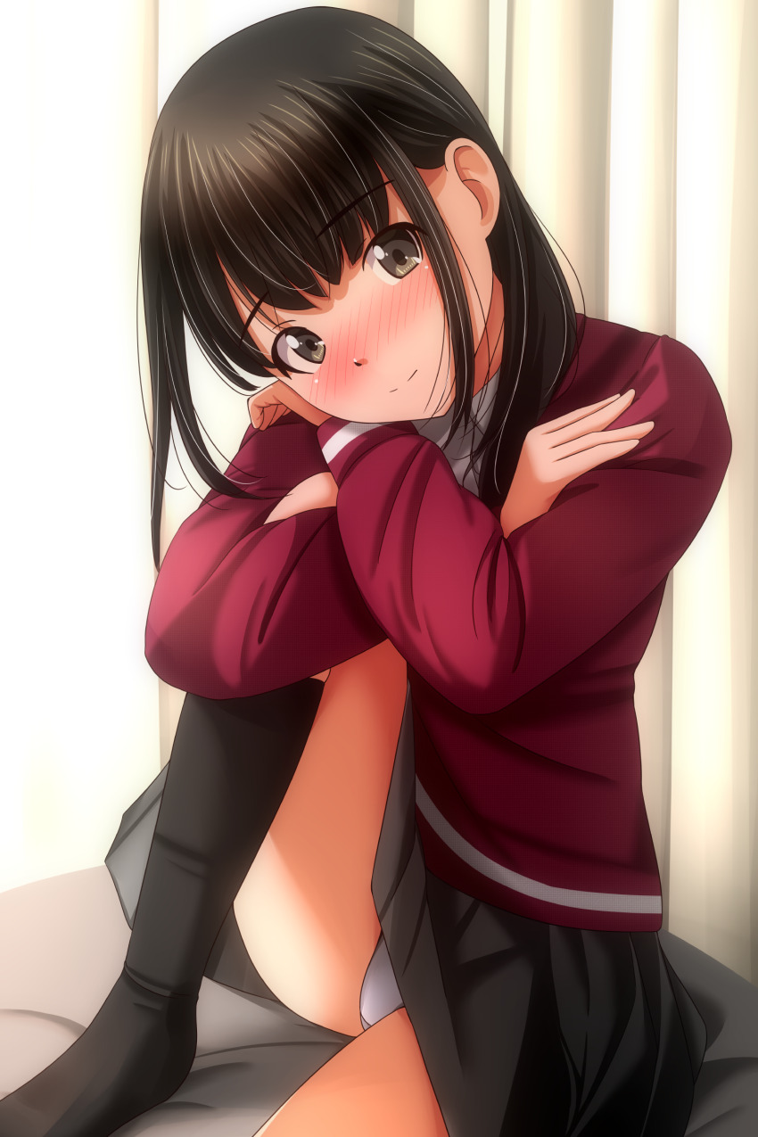 1girl absurdres black_hair black_skirt black_socks blush brown_eyes closed_mouth collared_shirt commentary_request highres jacket knee_up long_hair looking_at_viewer matsunaga_kouyou original panties pleated_skirt red_jacket school_uniform shirt sidelocks sitting skirt smile socks solo underwear white_panties white_shirt