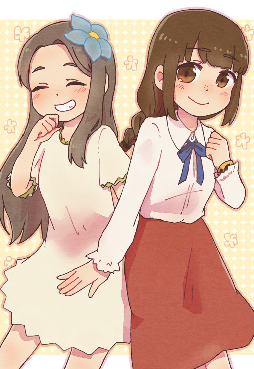 10s 2girls blue_ribbon blunt_bangs blush braid brown_eyes brown_hair dress flower flower_fairy_(osomatsu-kun) flower_girl_(osomatsu-kun) freckles grin hair_flower hair_intakes hair_ornament hand_on_own_chin highres jyushimatsu&#039;s_girlfriend long_hair looking_at_viewer multiple_girls osomatsu-kun osomatsu-san osomatsu_(series) raputsue red_skirt ribbon skirt smile sundress wristband