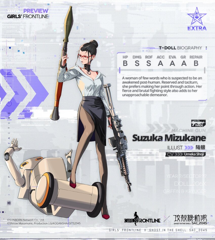 1girl 1other ammunition_belt ammunition_box asymmetrical_dual_wielding black_hair breasts character_name cleavage crossover dual_wielding english_text ghost_in_the_shell ghost_in_the_shell:_sac_2045 girls&#039;_frontline glasses gun hair_bun high_heels highres holding light_machine_gun m249_saw machine_gun miniskirt mizukane_suzuka official_art pantyhose pencil_skirt robot rocket_launcher rpg rpg-7 rpg_(weapon) skirt weapon