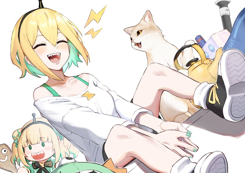 1girl absurdres amano_pikamee animal black_shorts blonde_hair blush breasts cat closed_eyes franz2543 green_hair green_nails hair_between_eyes hairband highres medium_breasts multicolored_hair off-shoulder_shirt off_shoulder open_mouth own_hands_together sharp_teeth shirt shoes short_hair shorts simple_background socks_(amano_pikamee) teapot teeth virtual_youtuber voms white_background white_shirt