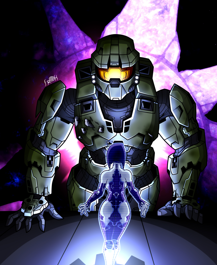 1girl 2007 armor ass back backboob believe_again blue_eyes breasts campaign_girl cortana game_console halo halo_(artist) halo_(series) halo_3 halo_infinite highres hologram master_chief medium_breasts microsoft non-web_source pocket_waifu power_armor science_fiction thighhighs video_game xbox_360 xbox_one xbox_series_x