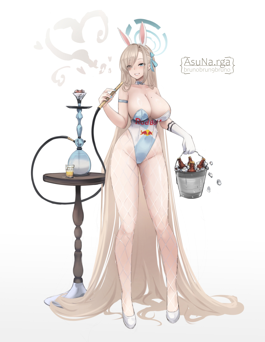 1girl absurdly_long_hair absurdres asuna_(blue_archive) blonde_hair blue_archive blue_eyes blue_halo blue_leotard blue_ribbon bottle brand_name_imitation breasts brunobrun9bruno bucket cup drinking_glass fishnet_thighhighs fishnets full_body gloves hair_ribbon halo high_heels highleg highleg_leotard highres holding holding_bucket hookah huge_breasts ice leotard long_hair mole mole_on_breast playboy_bunny red_bull ribbon shot_glass simple_background single_glove solo standing strapless strapless_leotard table thighhighs three_quarter_view very_long_hair white_background white_gloves white_leotard