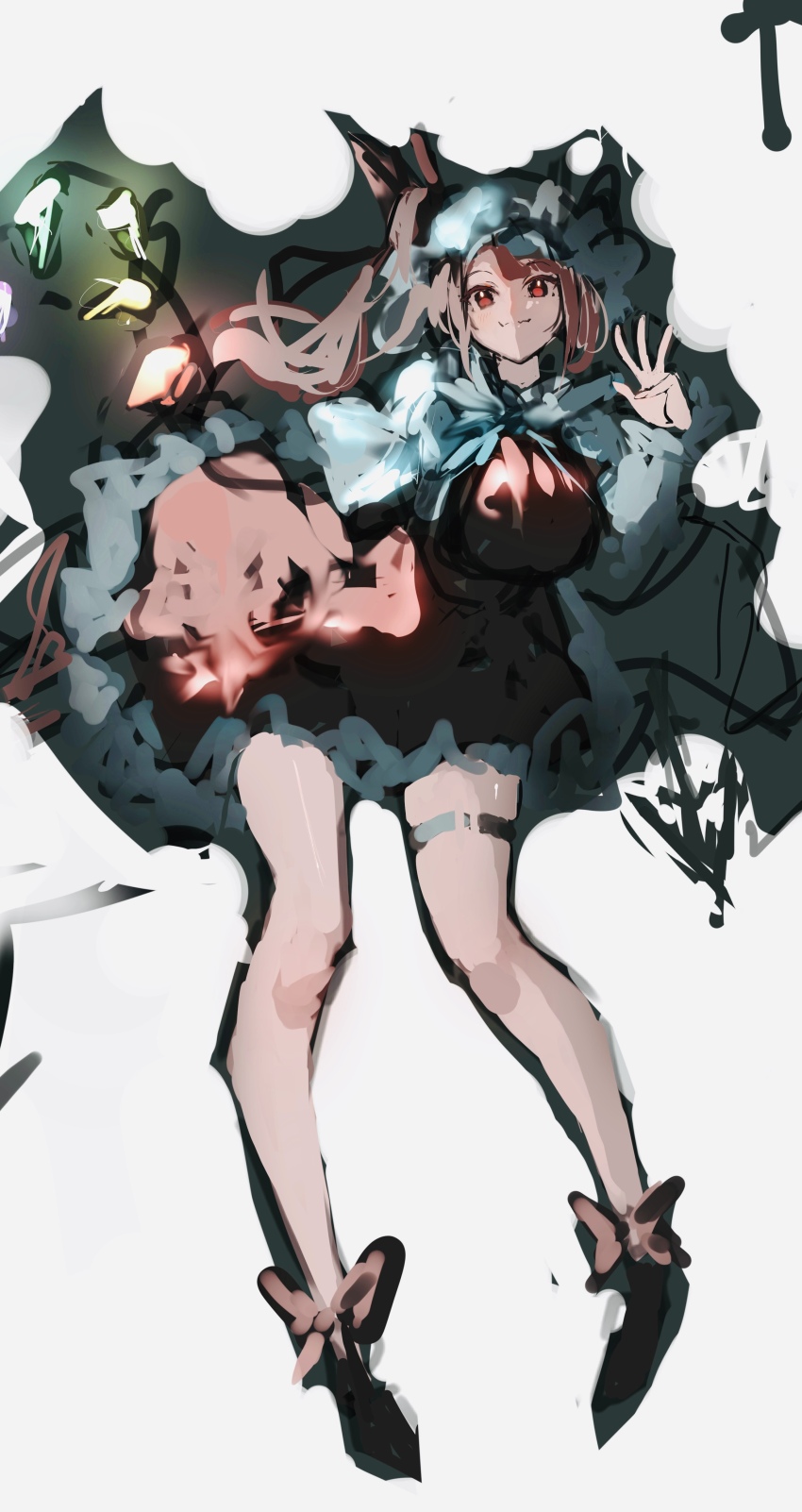 1girl absurdres ascot black_footwear blonde_hair bow crystal_wings dress flandre_scarlet footwear_bow glowing hat highres light_blush long_hair mob_cap po_(anhk5528) red_bow red_dress red_eyes side_ponytail simple_background solo thigh_strap touhou wavy_mouth white_background white_hat yellow_ascot