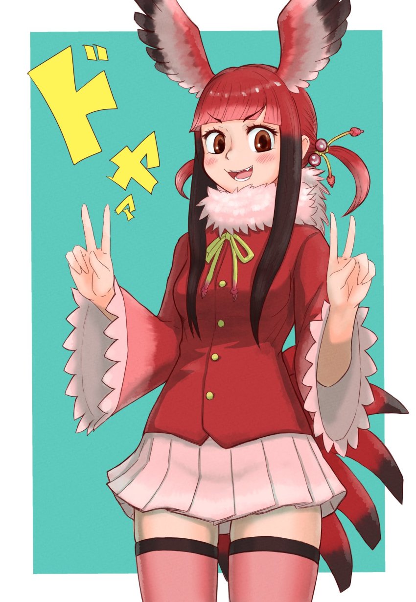 1girl aotsuki_tsutome bird_girl bird_tail bird_wings black_hair blush bow bowtie commentary_request cowboy_shot double_v frilled_sleeves frills fur_collar hair_bobbles hair_ornament head_wings highres jacket kemono_friends long_sleeves multicolored_hair open_mouth orange_eyes pink_fur pink_skirt pleated_skirt red_hair red_jacket red_thighhighs scarlet_ibis_(kemono_friends) short_hair short_twintails sidelocks skirt smile solo tail thighhighs twintails v wings yellow_bow yellow_bowtie zettai_ryouiki