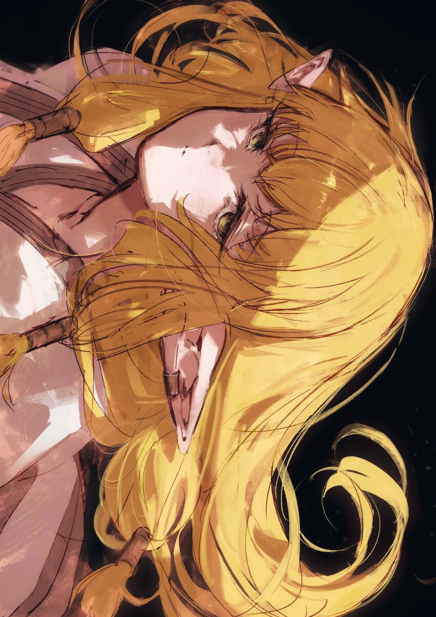 1girl black_background blonde_hair closed_mouth earclip elf expressionless hair_tubes highres long_hair long_pointy_ears looking_at_viewer moku_(muooku) pointy_ears robe serie_(sousou_no_frieren) sidelocks sideways simple_background solo sousou_no_frieren upper_body very_long_hair white_robe yellow_eyes