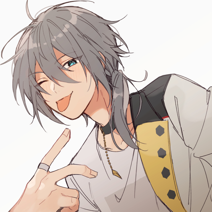 1boy absurdres black_jacket blue_eyes ensemble_stars! grey_background grey_hair grey_shirt highres jacket jewelry long_hair looking_at_viewer low_side_ponytail male_focus multicolored_jacket one_eye_closed ring shiina_niki shirt silver_ring solo tojimobu white_jacket yellow_jacket