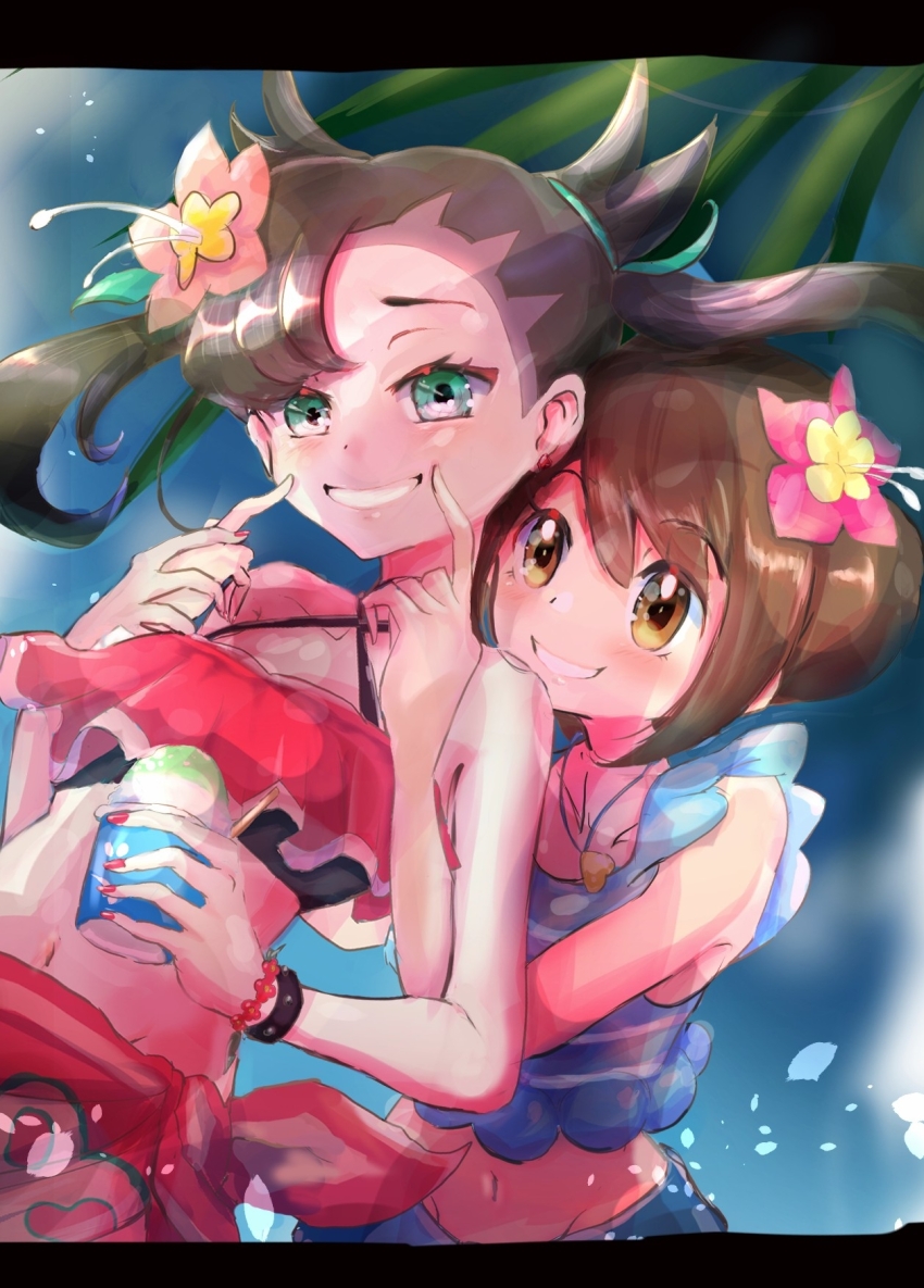 2girls aqua_bikini aqua_eyes aqua_sarong armpits asymmetrical_bangs beach bikini black_hair bracelet braid braided_bun brown_eyes brown_hair clenched_hands clenched_teeth collarbone day earrings embarrassed eyelashes fingernails fingersmile flat_chest floating_hair flower flower_on_head food friends frilled_bikini_top gloria_(pokemon) gloria_(summer_2021)_(pokemon) groin hair_bun halterneck hand_up hands_up happy hibiscus highres index_finger_raised jewelry long_hair looking_at_another looking_at_viewer marnie_(pokemon) marnie_(summer_2021)_(pokemon) matching_hair/eyes medium_hair midriff multiple_girls nail_polish navel neck necklace nintendo noppe official_alternate_costume official_alternate_hairstyle outdoors palm_tree pink_bikini pink_nails pink_sarong pokemon pokemon_masters_ex sarong shaved_ice sidelocks sky smile standing summer swept_bangs swimsuit teeth tree twintails undercut