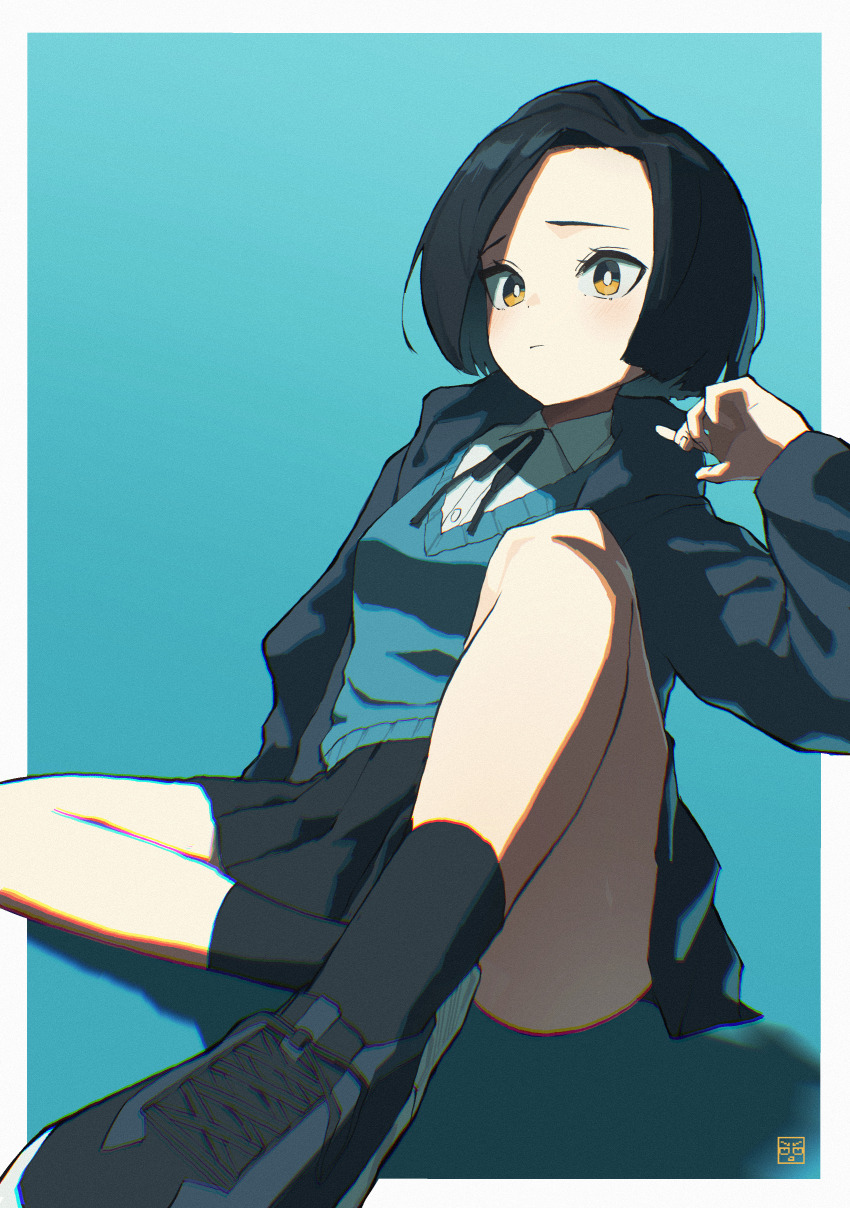 1girl absurdres black_hair black_jacket black_ribbon black_skirt black_socks blast-7 blue_background blue_sweater closed_mouth commentary_request highres jacket long_sleeves open_clothes open_jacket orange_eyes original pleated_skirt ribbon shadow shirt shoes short_hair signature simple_background sitting skirt sneakers socks solo sweater sweater_vest white_shirt