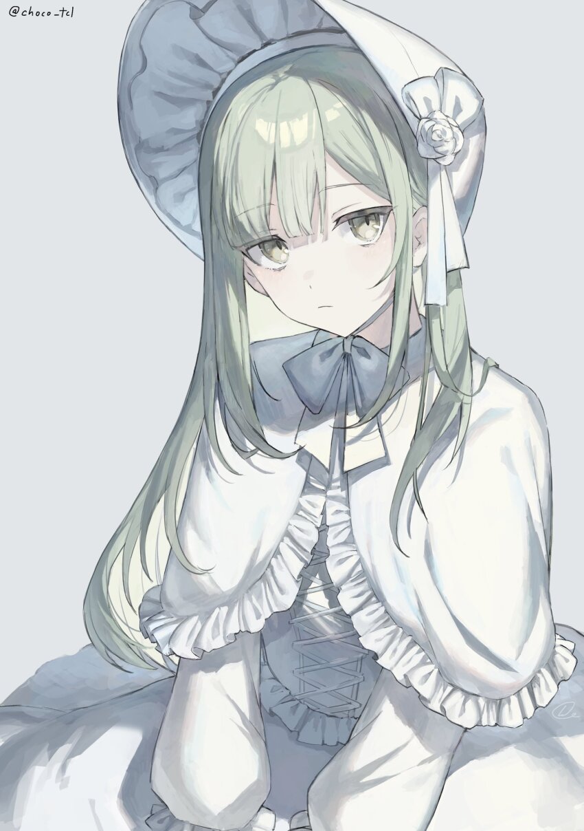 1girl :/ animate_(company) animate_cafe bang_dream! bang_dream!_it&#039;s_mygo!!!!! blunt_bangs bonnet capelet chin_strap cho_k_(choco_tcl) cowboy_shot cross-laced_clothes cross-laced_dress dress flower flower_hat frilled_capelet frilled_dress frills green_eyes green_hair hashtag-only_commentary hat hat_ribbon highres long_hair long_sleeves looking_to_the_side official_alternate_costume puffy_long_sleeves puffy_sleeves ribbon sidelocks sideways_glance simple_background solo twitter_username v_arms wakaba_mutsumi white_background white_bonnet white_capelet white_flower white_ribbon