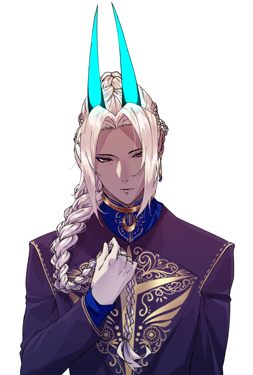 1boy alternate_costume alternate_hairstyle arjuna_(fate) arjuna_alter_(fate) arjuna_alter_(festival_outfit)_(fate) braid dark-skinned_male dark_skin fate/grand_order fate_(series) forehead fuka_(hk_nemo) gloves glowing_horns grey_eyes highres holding holding_own_hair horns jewelry long_hair looking_down male_focus parted_bangs simple_background single_braid solo upper_body white_background white_hair