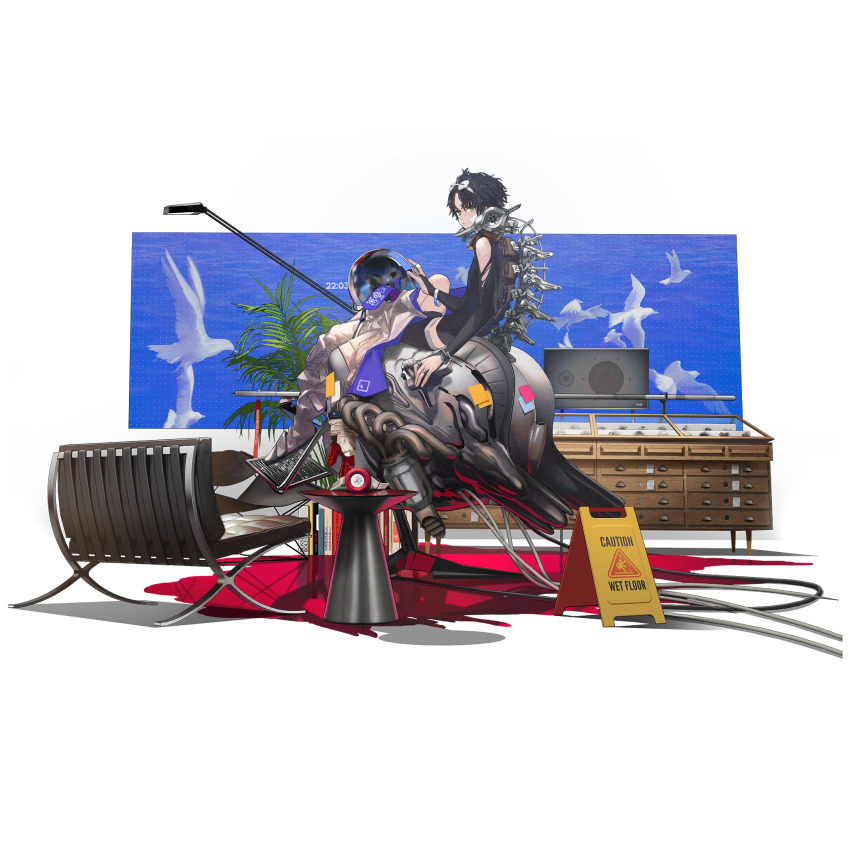 1boy black_hair bodysuit cabinet caution diving_suit dog_tags faux_figurine from_side full_body game_cg girls&#039;_frontline girls&#039;_frontline_neural_cloud goggles goggles_on_head hand_to_own_mouth helmet highres holding holding_helmet jewelry lin+ looking_at_viewer male_focus mechanical_spine official_art oxygen_tank partially_unzipped ring sitting solo space_helmet spacesuit sueyoi_(neural_cloud) third-party_source transparent_background unworn_headwear unworn_helmet wetsuit