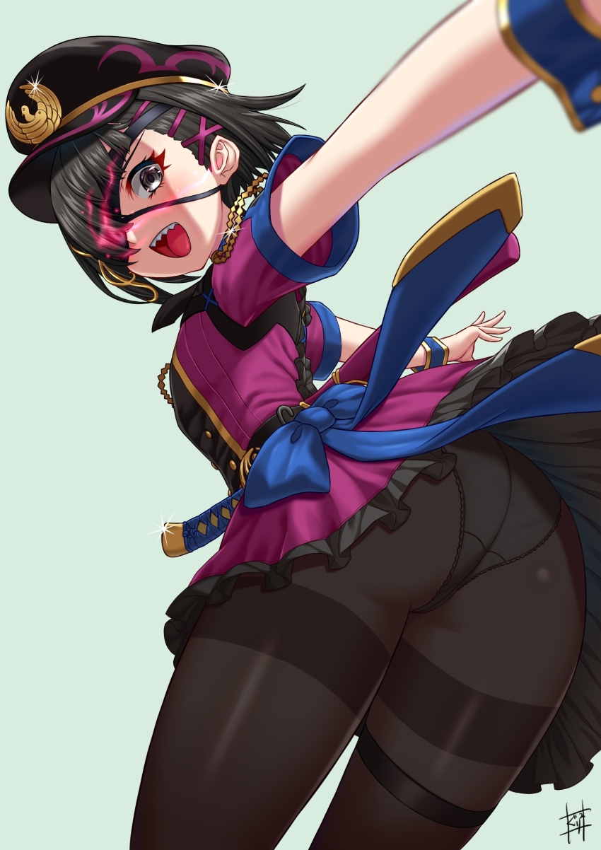 1girl ass black_hair black_hat black_pantyhose blush breasts dress eyepatch fate/grand_order fate_(series) glowing glowing_eye grey_eyes guriguri_(arayotto4351) hair_over_one_eye hat highres katana looking_at_viewer mysterious_ranmaru_x_(fate) open_mouth panties panties_under_pantyhose pantyhose peaked_cap purple_dress sharp_teeth short_hair short_sleeves small_breasts smile solo sword teeth thighband_pantyhose thighs underwear weapon white_background wrist_cuffs