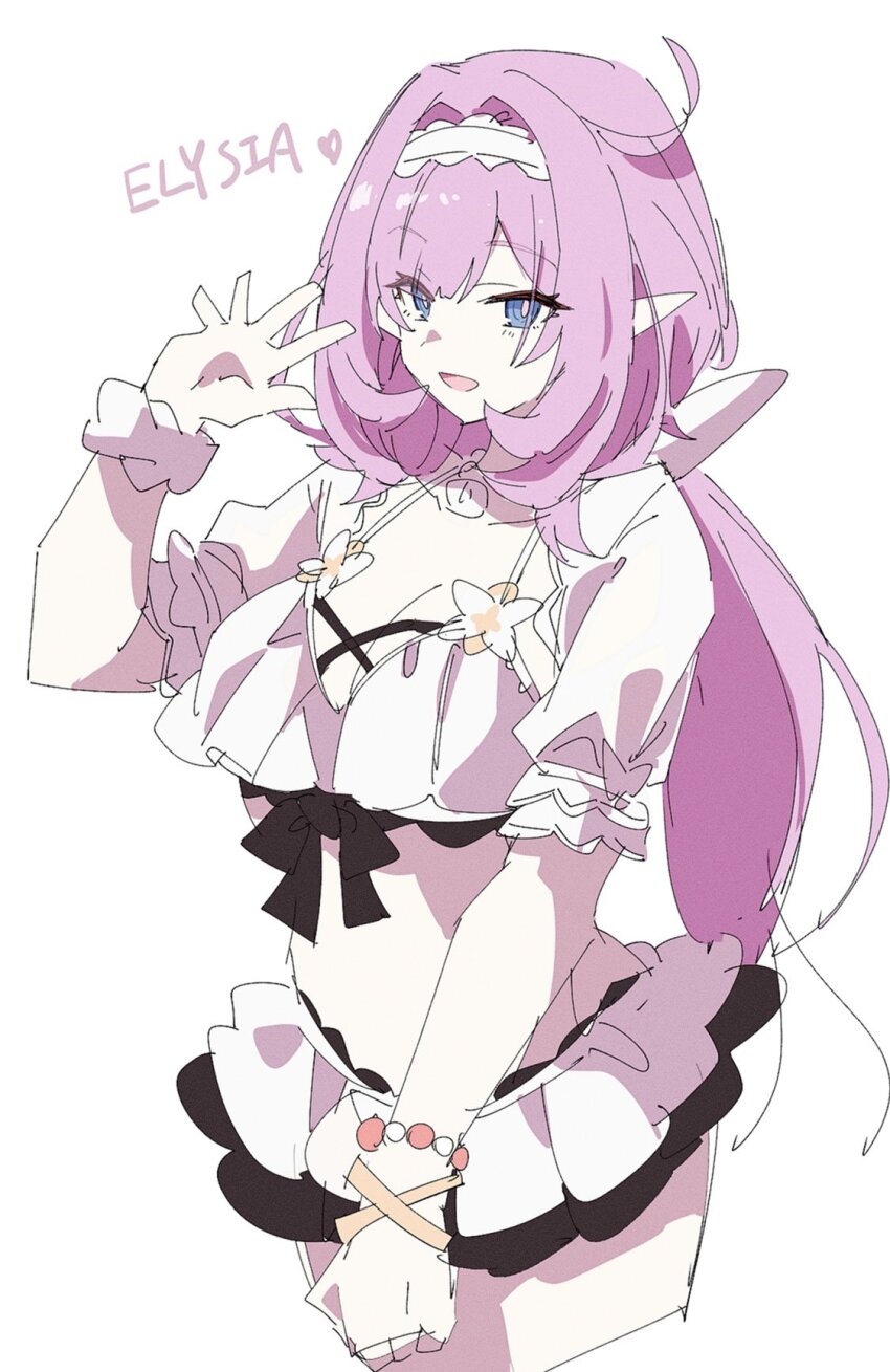 1girl bikini bikini_skirt blue_eyes bracelet breasts character_name cleavage cow elf elysia_(honkai_impact) elysia_(miss_pink_elf)_(honkai_impact) elysia_(summer_miss_elf)_(honkai_impact) haigo_ti hairband highres honkai_(series) honkai_impact_3rd jewelry large_breasts long_hair looking_at_viewer official_alternate_costume open_mouth pink_hair pointy_ears protected_link scrunchie smile solo stomach swimsuit thighs white_background white_bikini white_hairband wrist_scrunchie